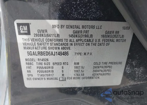 2010 Buick Enclave 1Xl z USA, uszkodzony, nr VIN 5GALRBED6AJ149486